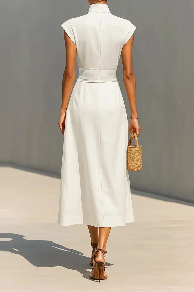 Elegant High Waist Slim Pleated Sleeveless Midi Dress