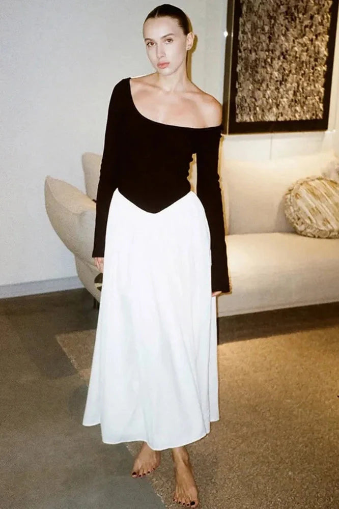 Patchwork Long Sleeve O Neck Pleated Maxi Dress