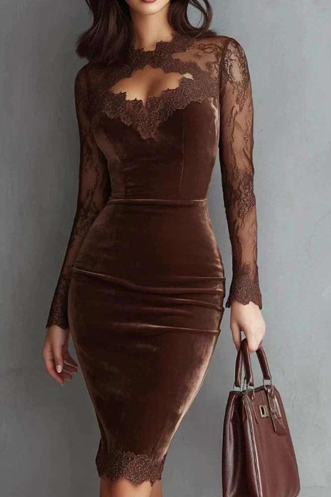 Lace Hollow Out See-Through Sleeve Slim High Waist Midi Dress