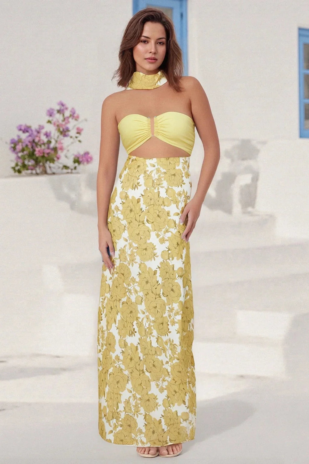Floral Print Backless Strapless Maxi Dress