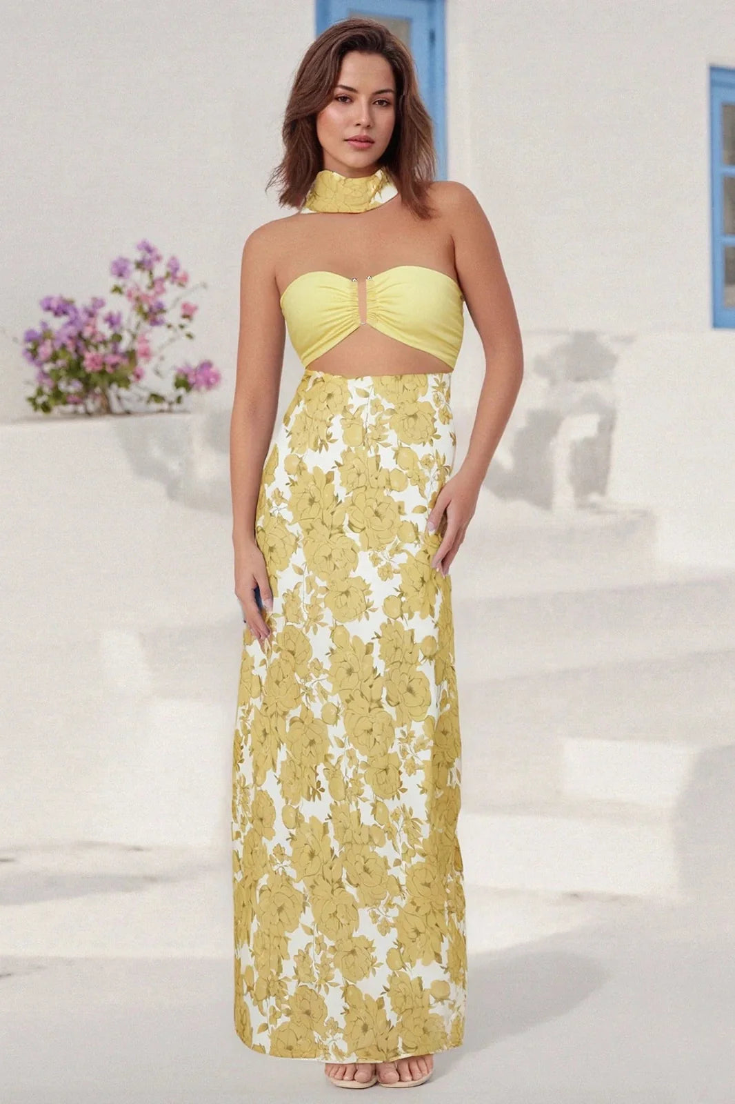 Floral Print Backless Strapless Maxi Dress