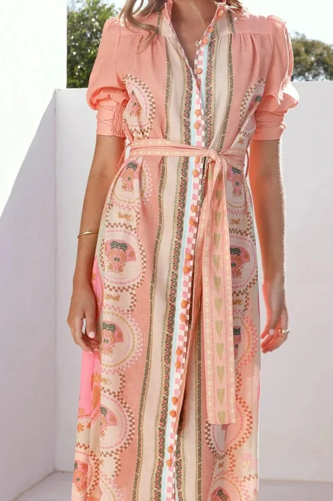 Elegant Lace Up High Waist Printed Short Sleeve Pleated Midi Dress