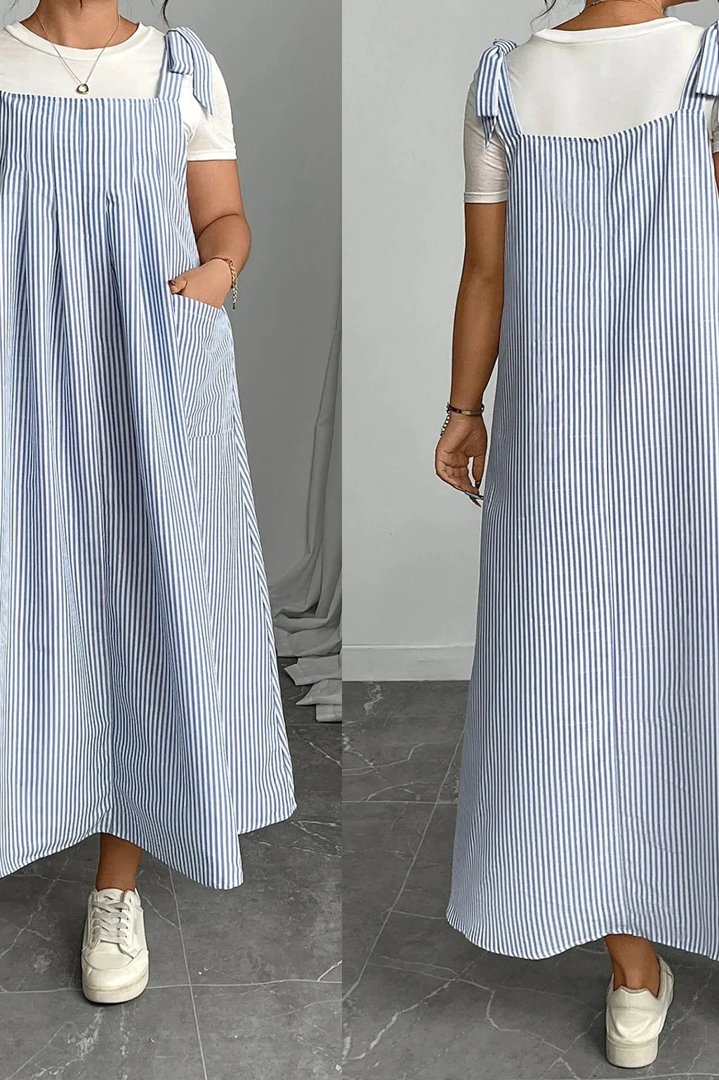 Sleeveless Tie Shoulder Striped Loose Maxi Dress