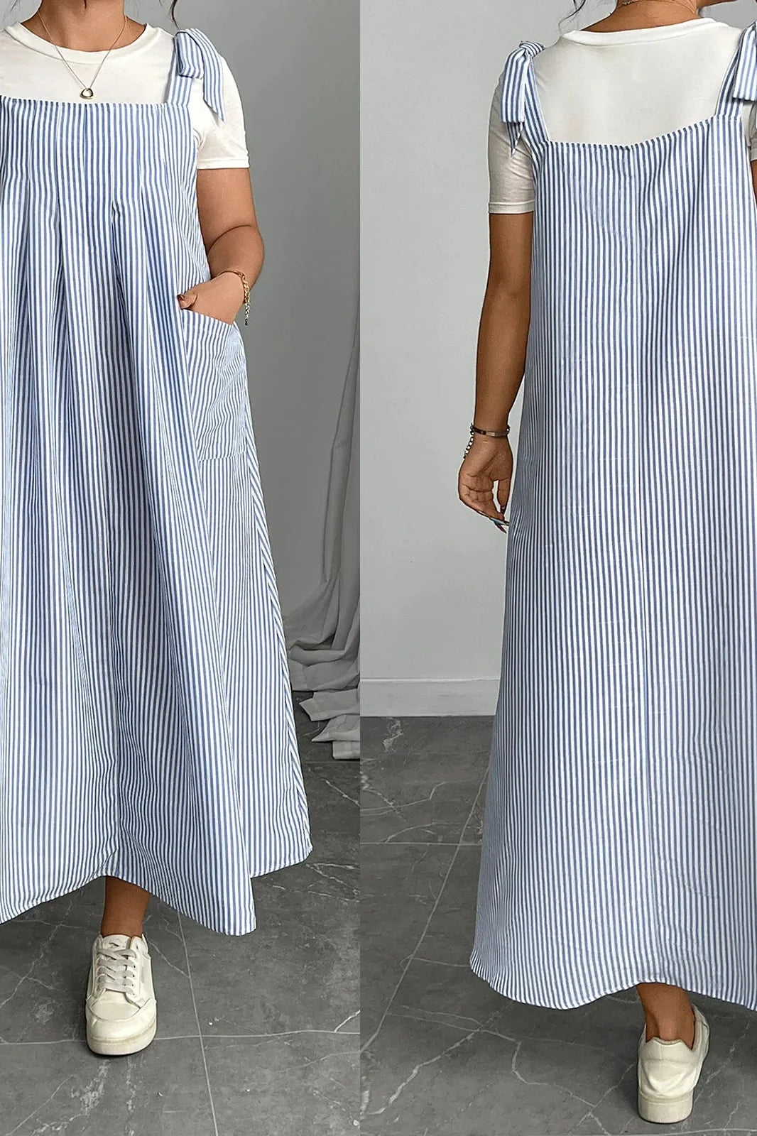 Sleeveless Tie Shoulder Striped Loose Maxi Dress