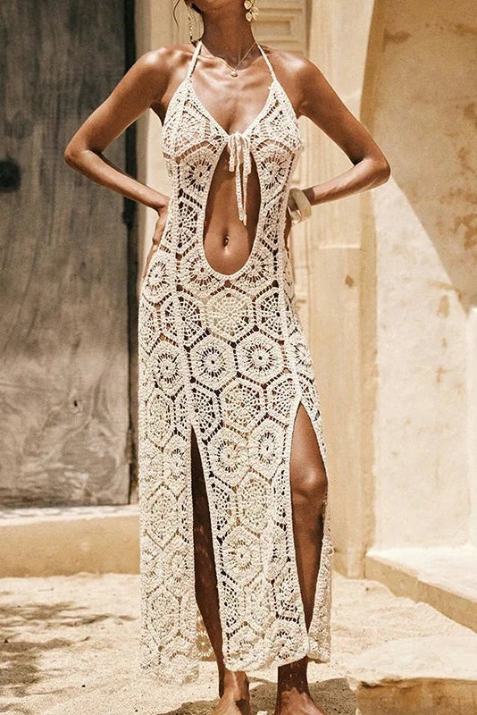 Lace Hollow Out Sleeveless Split Maxi Dress