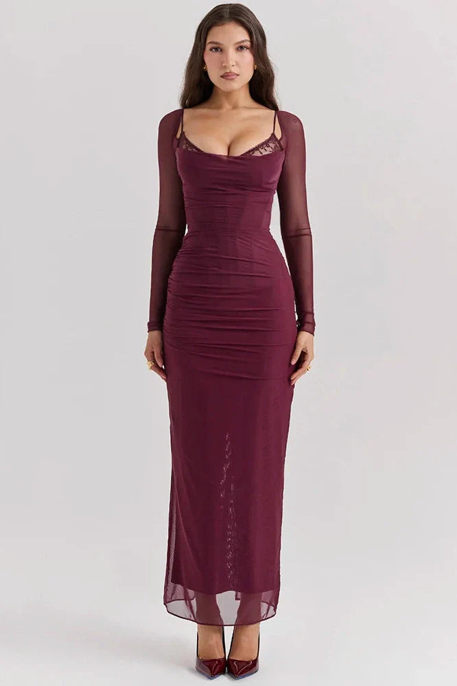 Elegant Sheer Long Sleeve Strapless Maxi Dress