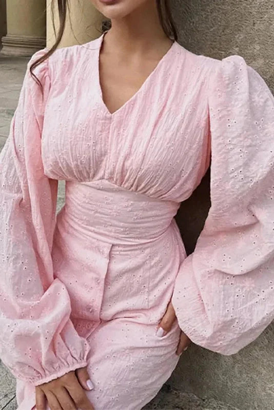 Elegant Hollow Out V-Neck High Waist Lantern Sleeve Maxi Dress