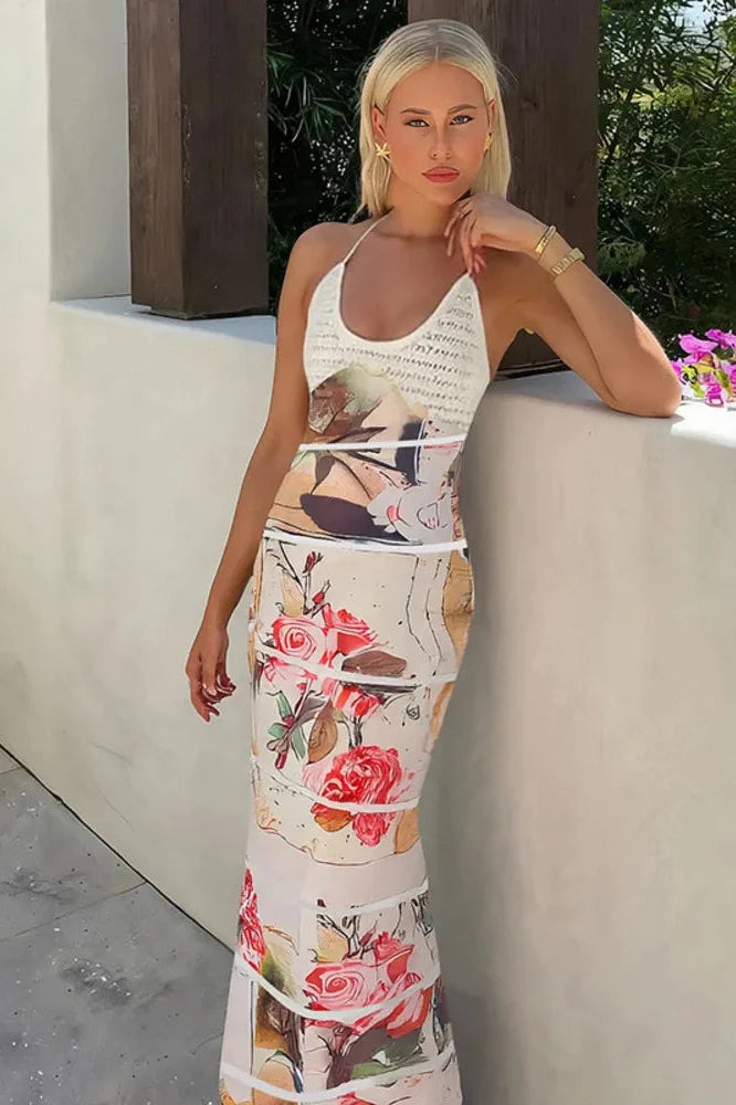 Backless Printed Patchwork Lace-up Sleeveless Bodycon Maxi Dress