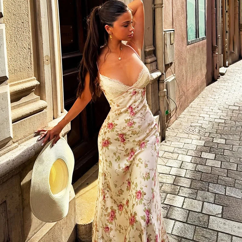 Elegant Print Patchwork Backless Midi Dress
