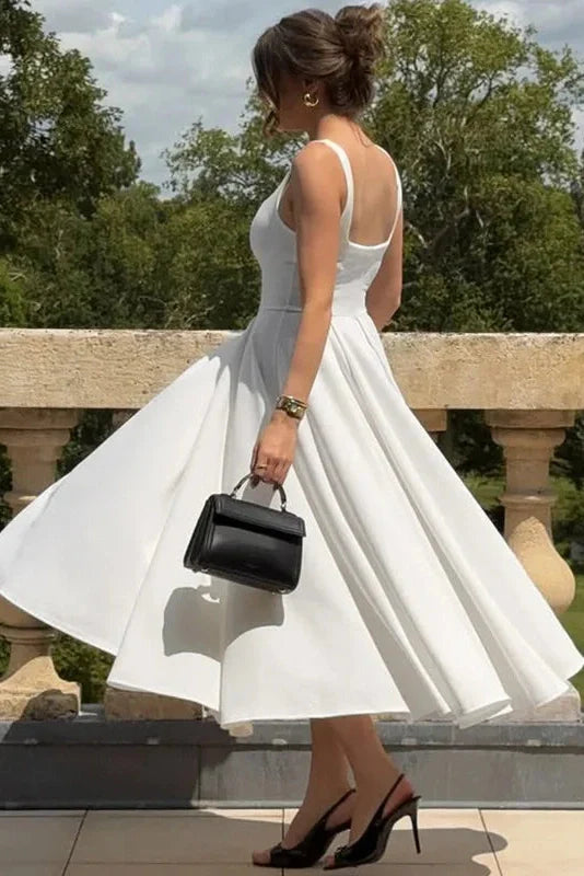 Elegant Square Collar Sleeveless High Waist Pleated Maxi Dress