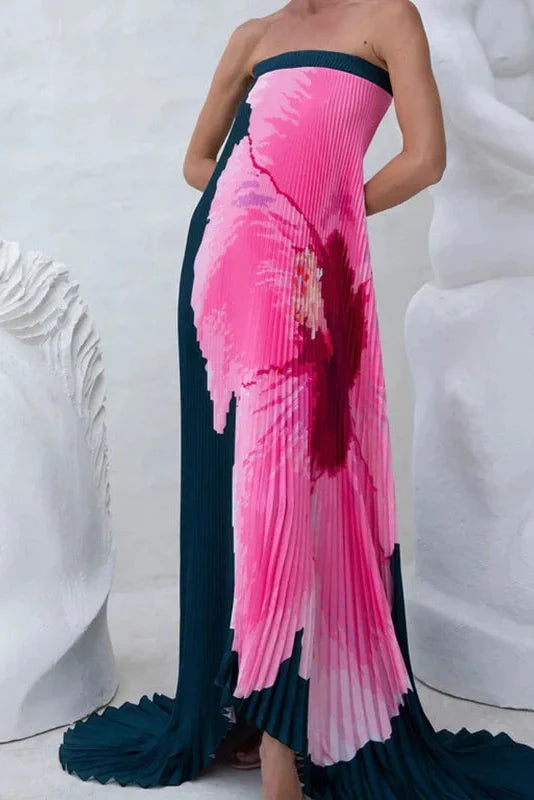 Elegant Strapless Off Shoulder Printed Maxi Dress