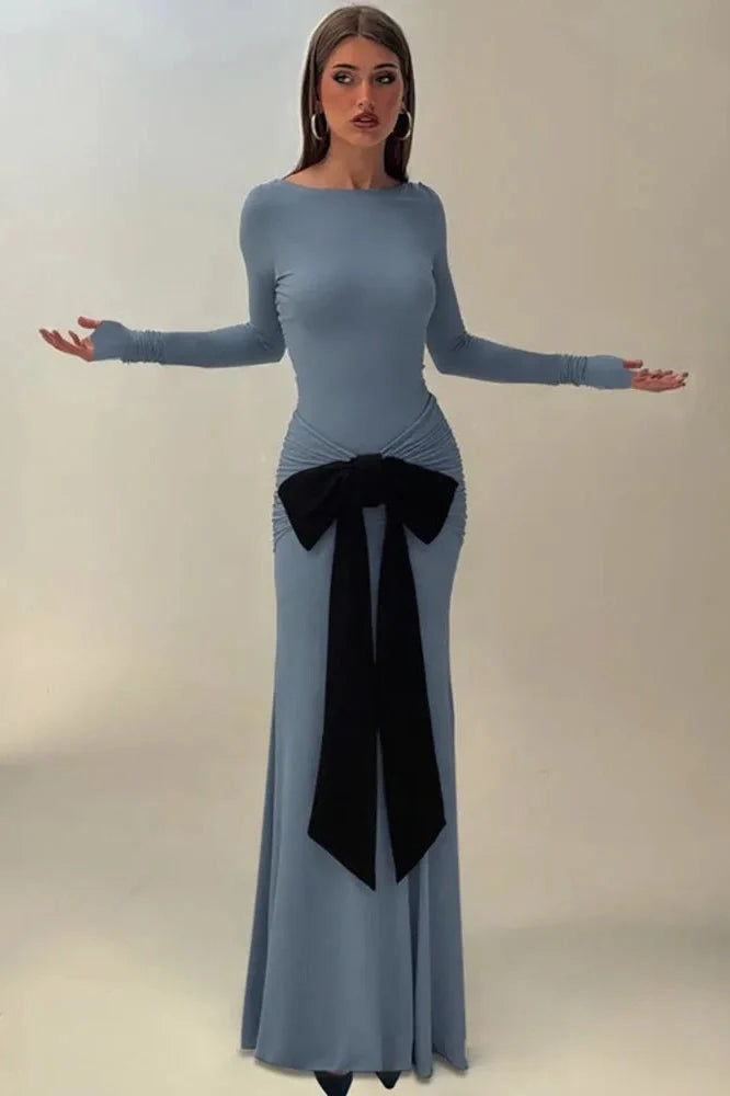 Long Sleeve Patchwork O Neck Bodycon Maxi Dress