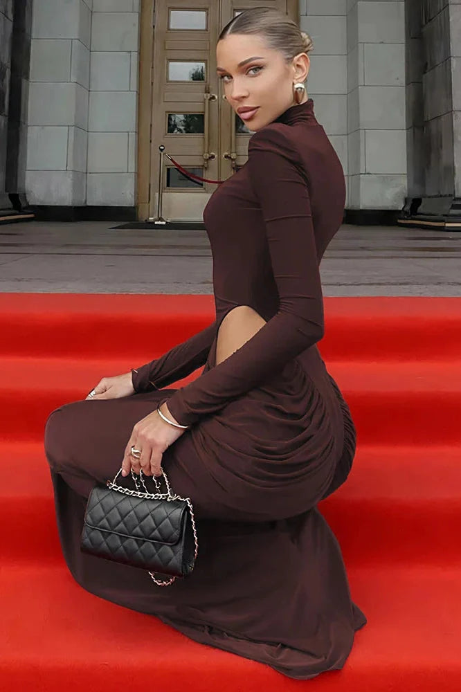 Hollow Out Turtleneck Long Sleeve Maxi Dress