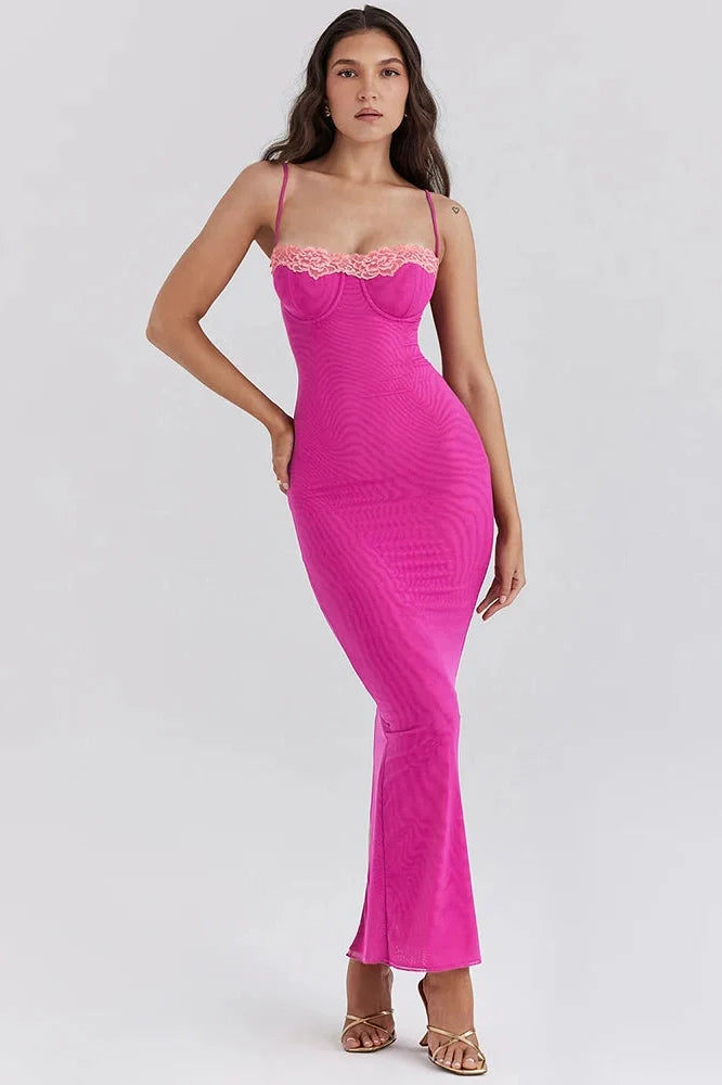 Lace Spaghetti Strap Patchwork Sleeveless Bodycon Maxi Dress