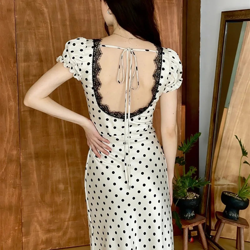 Lace Polka Dot V-Neck Patchwork Lace-Up Maxi Dress