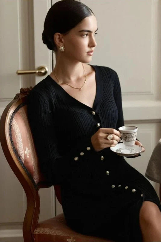 Knitting Slim Single-Breasted Long-Sleeved V-Neck High Waist Midi Dress