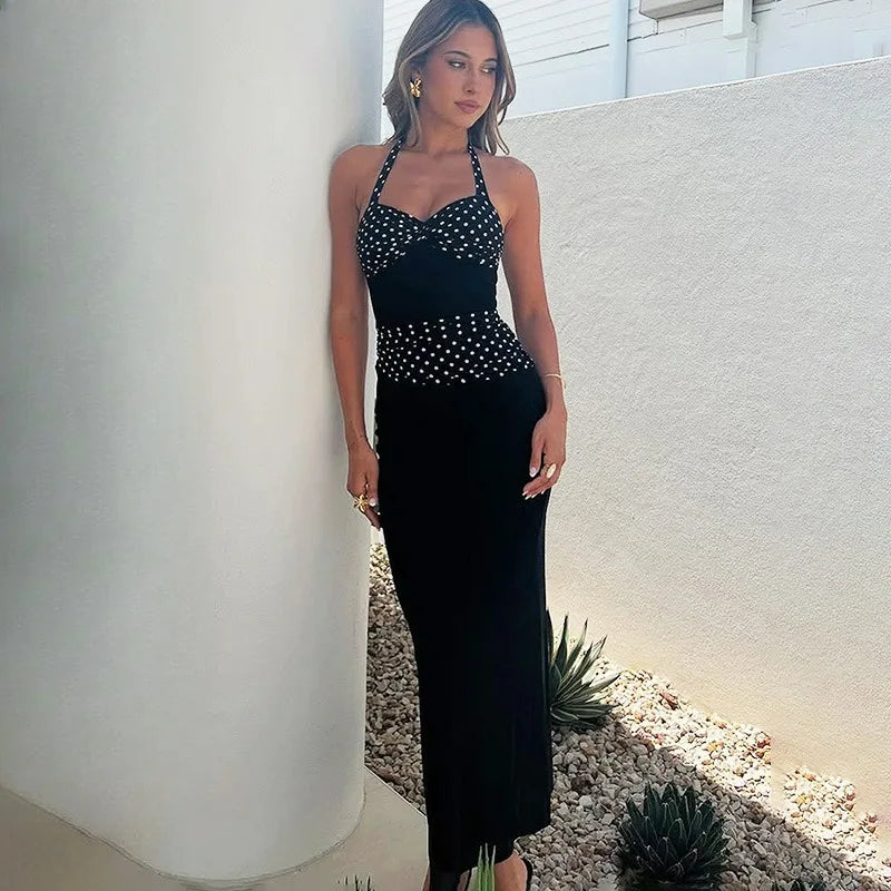 Polka Printed Lace-Up V-Neck Patchwork Maxi Dress