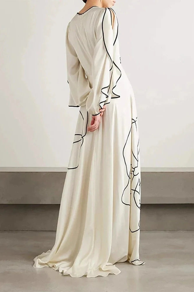 O-Neck High Waist Pleated Sleeve Fit Maxi Dress