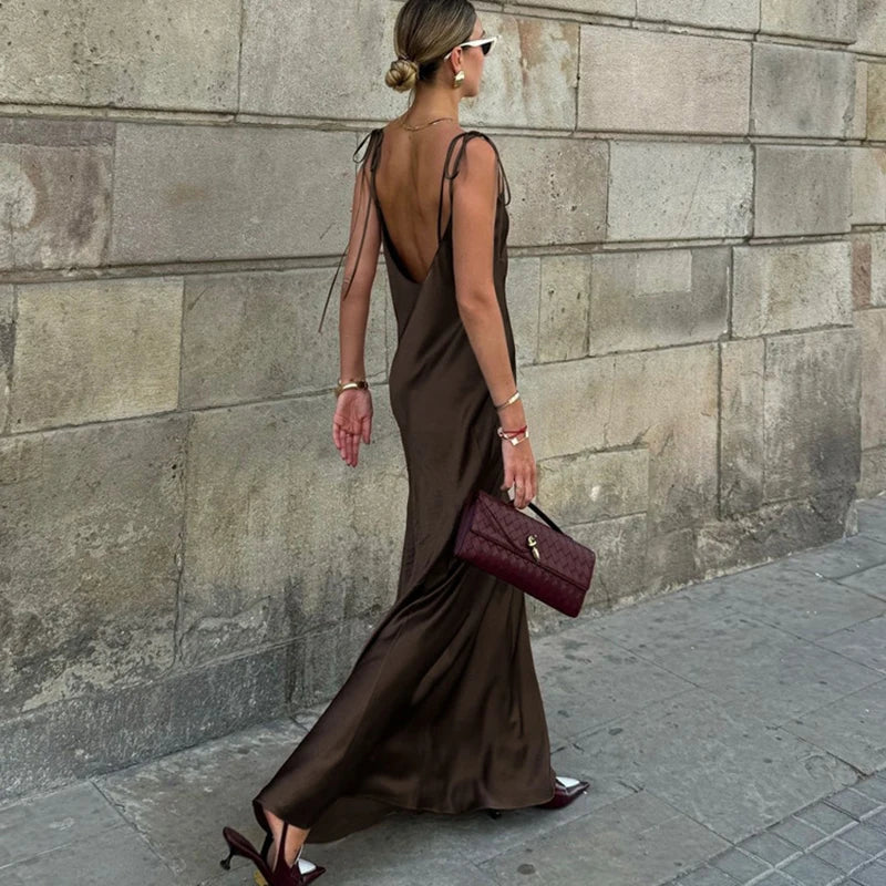 Spaghetti Strap Backless Lace Up Slim Maxi Dress