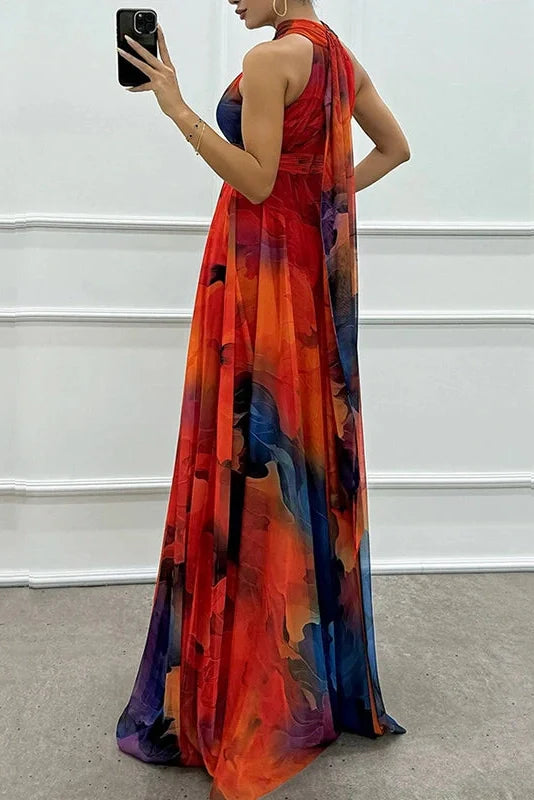 Hollow Out Printed Sleeveless High Waist Maxi Dress