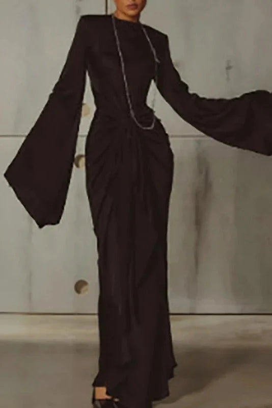 O-Neck High Waist Pleated Long Sleeve Slim Maxi Dress