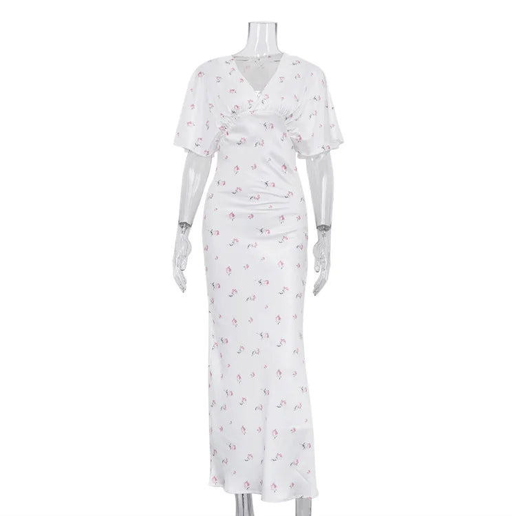 Printed V-Neck Short Sleeve Maxi Dress