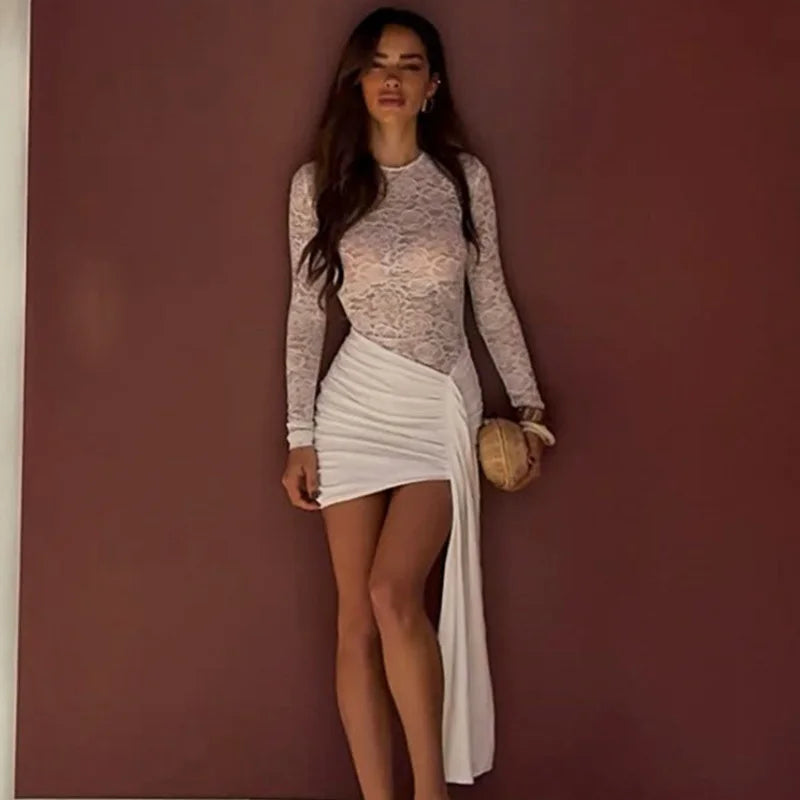 Lace See Through Patchwork Hollow Out Lace Up Mini Dress