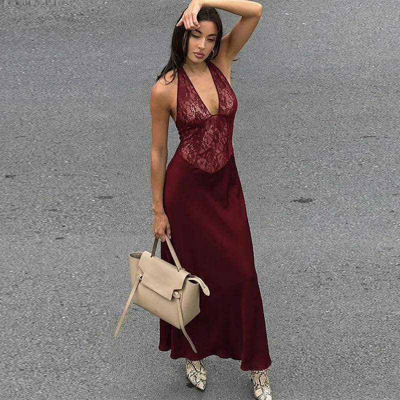 Hollow Lace Backless Slim Maxi Dress