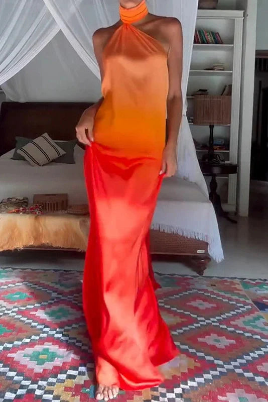 Hollow Sleeveless Slim Printed Backless High Waist Maxi Dress