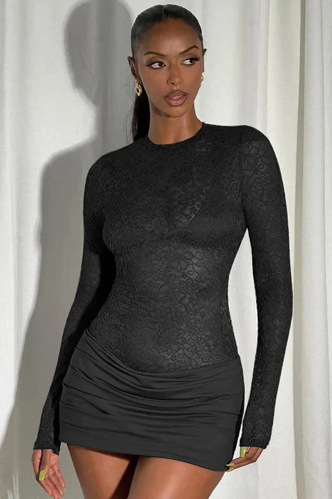 Lace See Through O Neck High Waist Long Sleeve Mini Dress