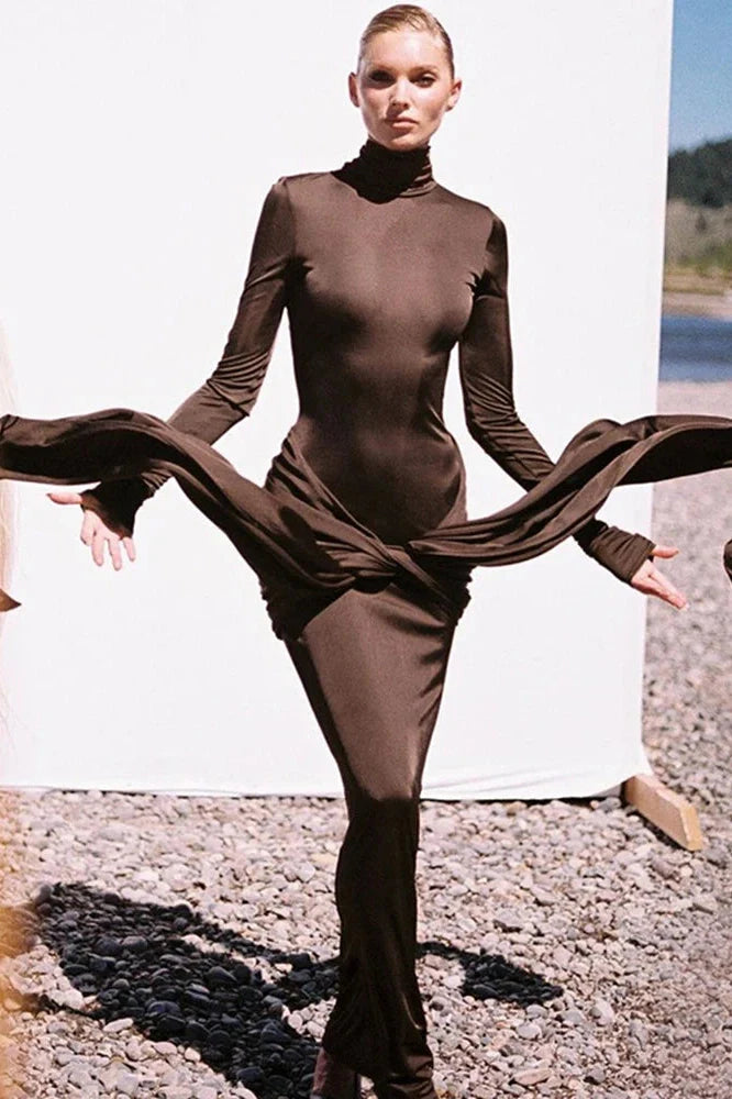 Elegant Turtleneck Long Sleeve Bodycon Maxi Dress