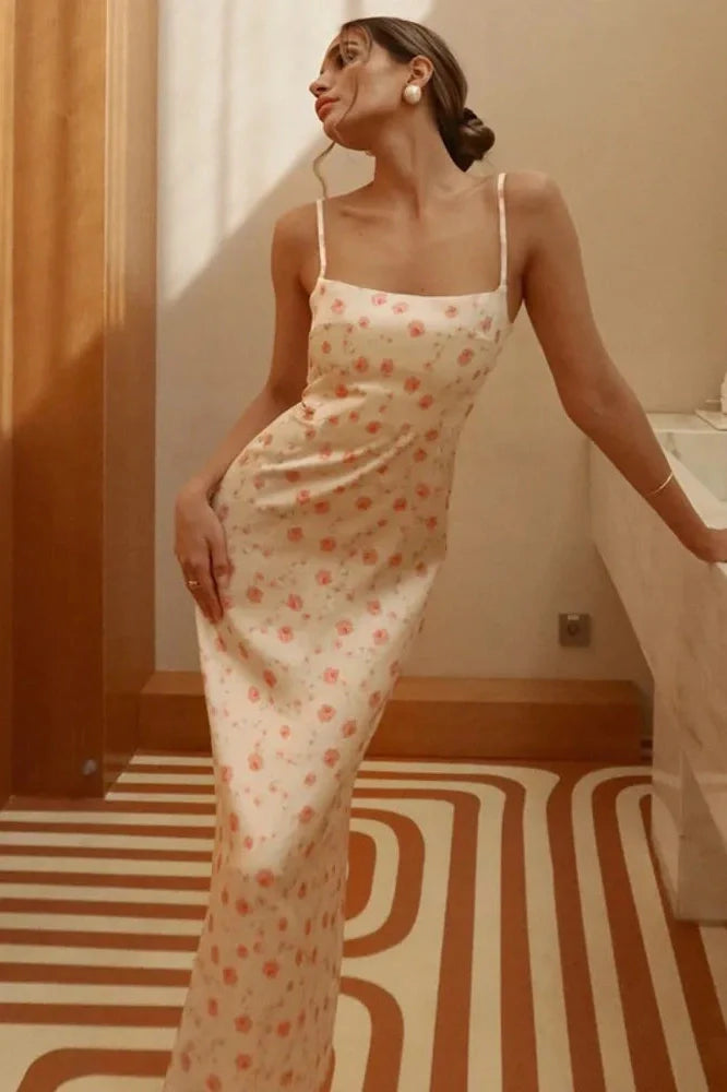 Spaghetti Strap Print Sleeveless Backless Bodycon Maxi Dress