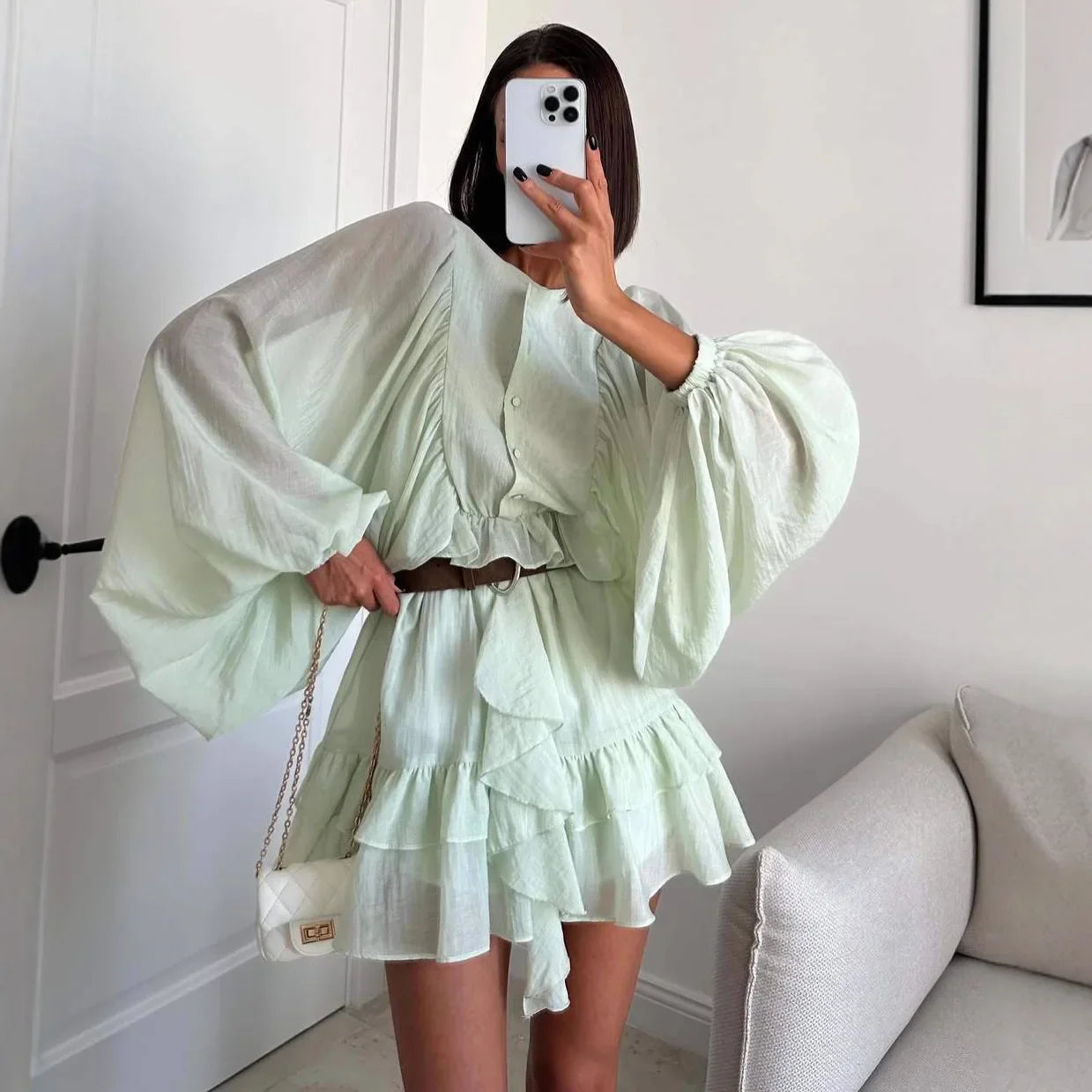 Elegant Long Sleeve See Through Mini Dress