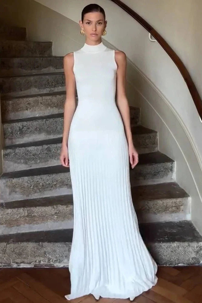 High Collar Sleeveless Bodycon Pleated Maxi Dress