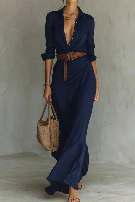 Elegant Long Sleeve High Waist Single Breasted Maxi Dress