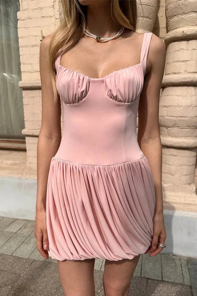 Spaghetti Strap Sleeveless Backless High Waist Pleated Mini Dress