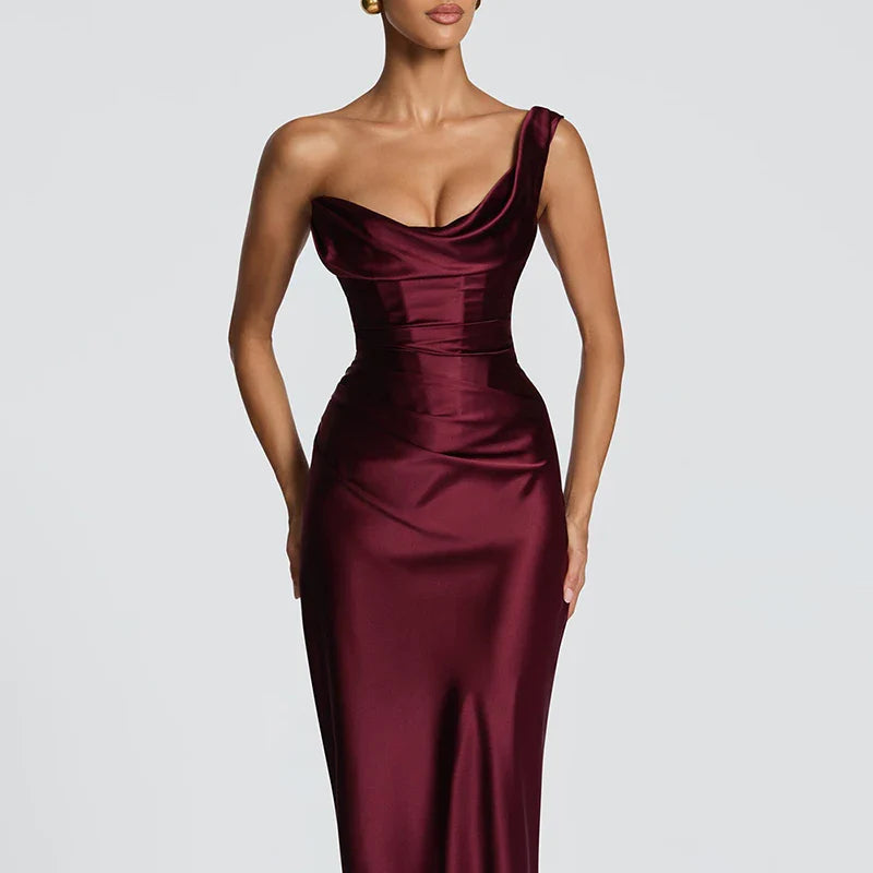 One Shoulder Sleeveless Pleated Lace-Up Maxi Dress