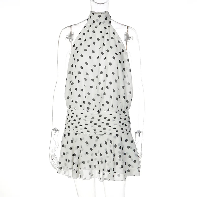 Polka Dot Print Backless Lace Up Mini Dress