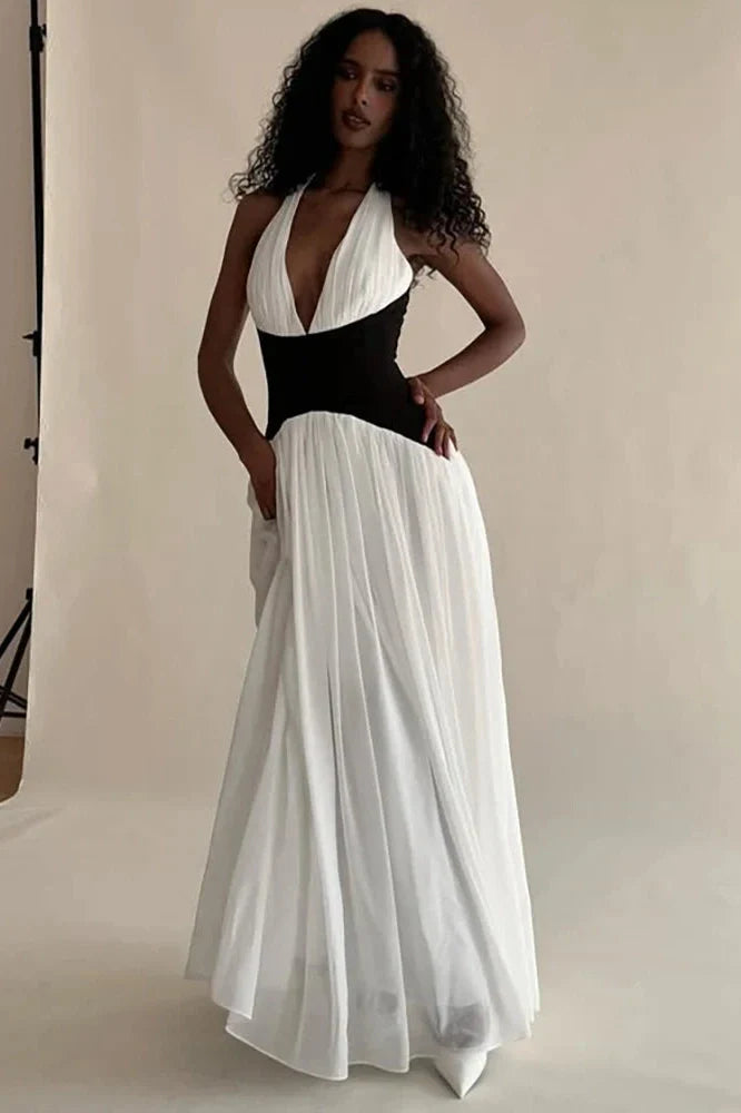Deep V Neck Backless Patchwork Sleeveless High Waist Maxi Dress