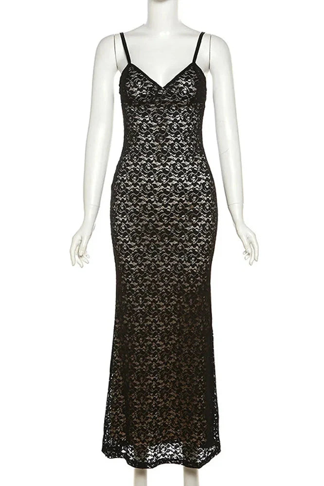 Lace Hollow Out Backless Slim V-Neck Maxi Dress