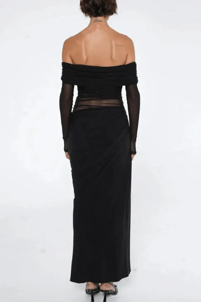 See-Through Patchwork Off-Shoulder Long Sleeve Maxi Dress