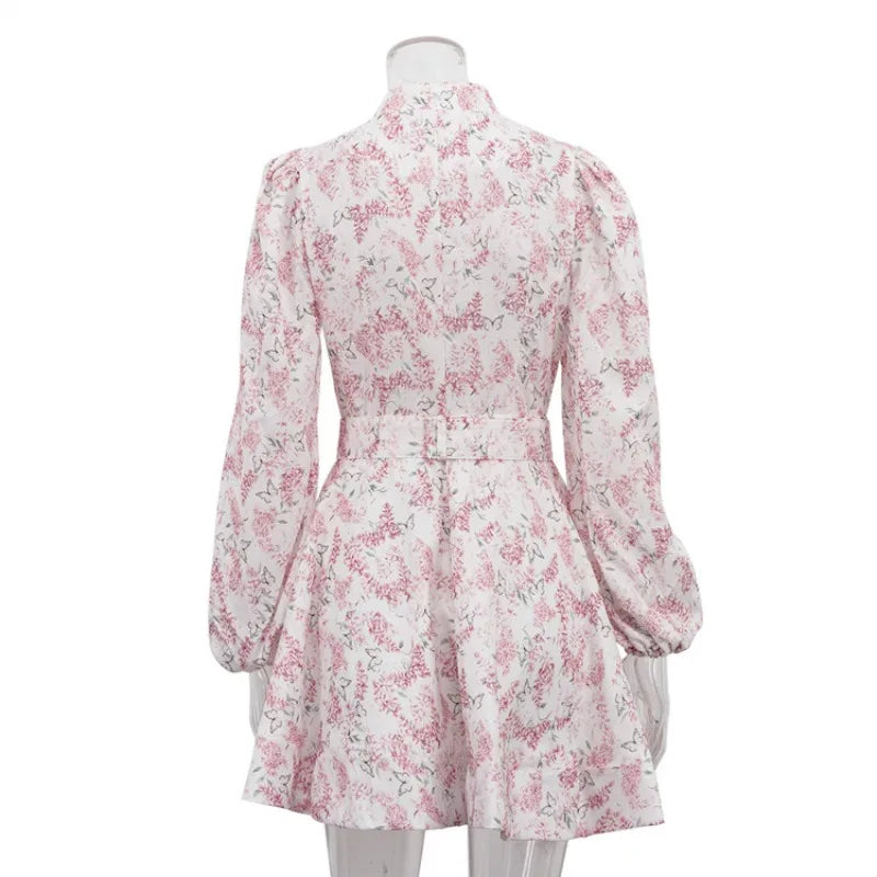 Stand Collar Printed Long Sleeve Single-Breasted Mini Dress