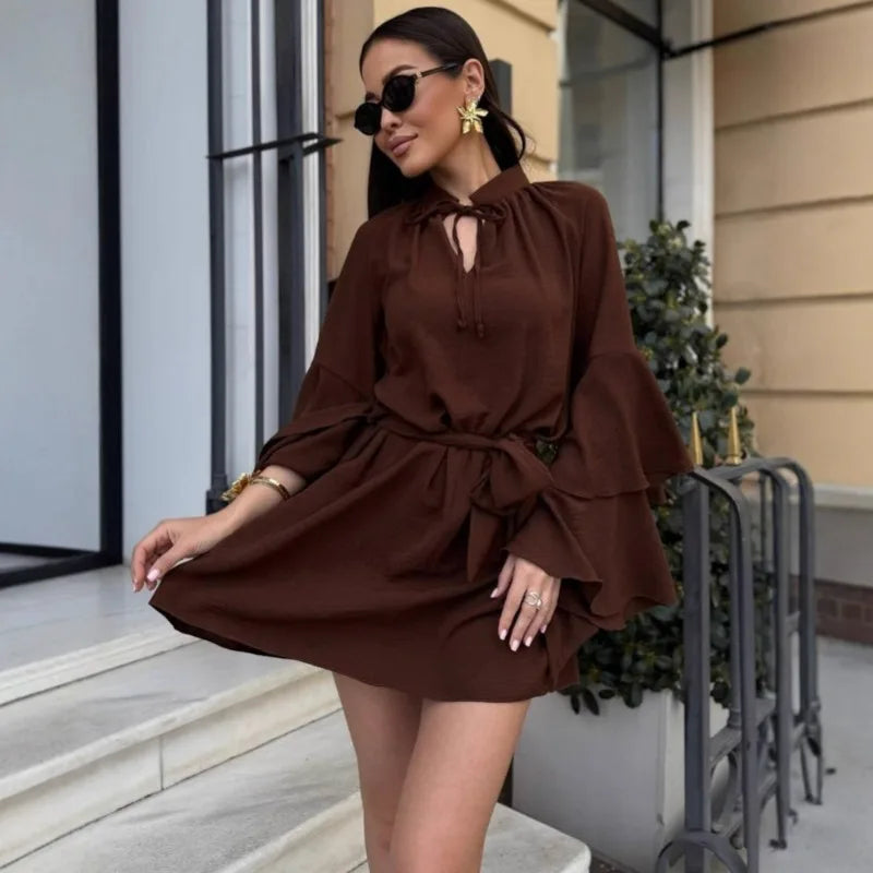 Elegant V-Neck Lace Up Pleated Mini Dress