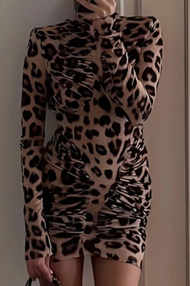 Elegant Printed Slim High Waist Long Sleeve Mini Dress