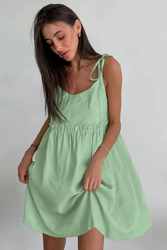 Spaghetti Strap Loose Cotton Lace Up Mini Dress
