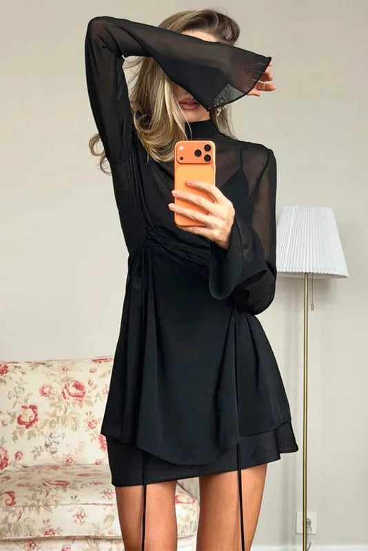 Lace-Up See-Through Loose Long Sleeve Mini Dress