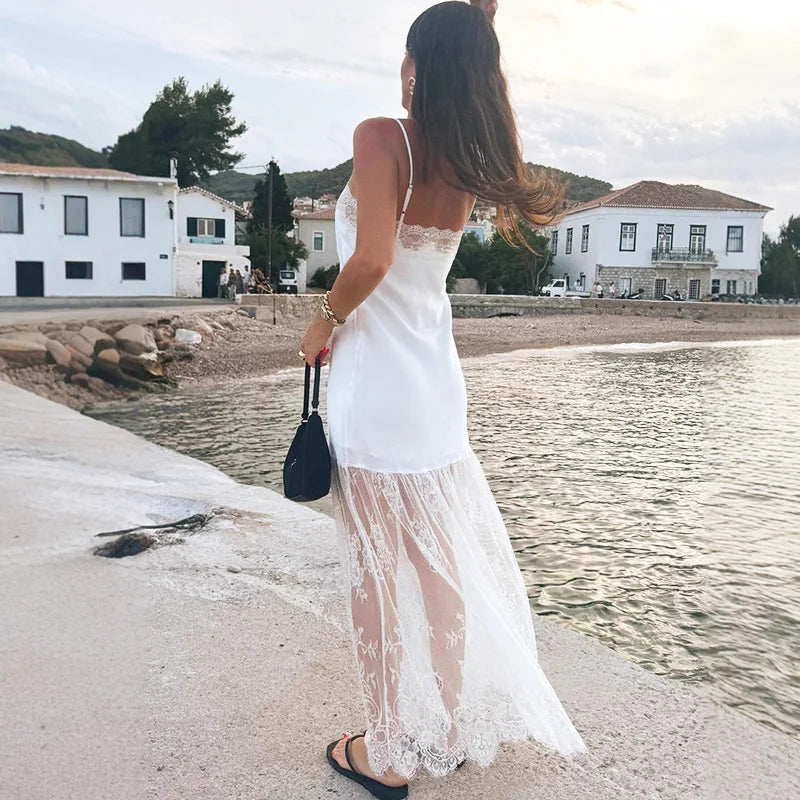 Lace Patchwork Lace Up Backless Maxi Dress