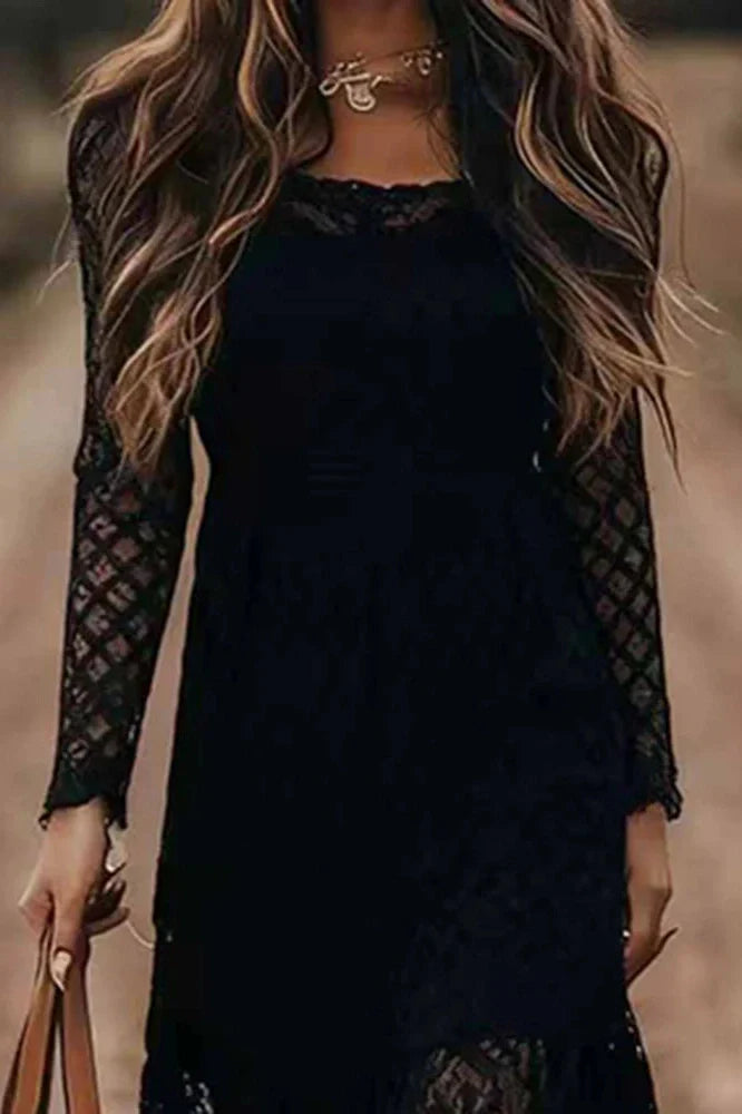 Lace Embroidery U-Collar Long Sleeve High Waist Midi Dress