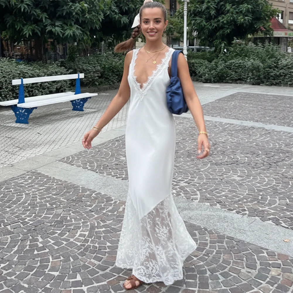 Lace Patchwork V Neck See Through Sleeveless Maxi Dress