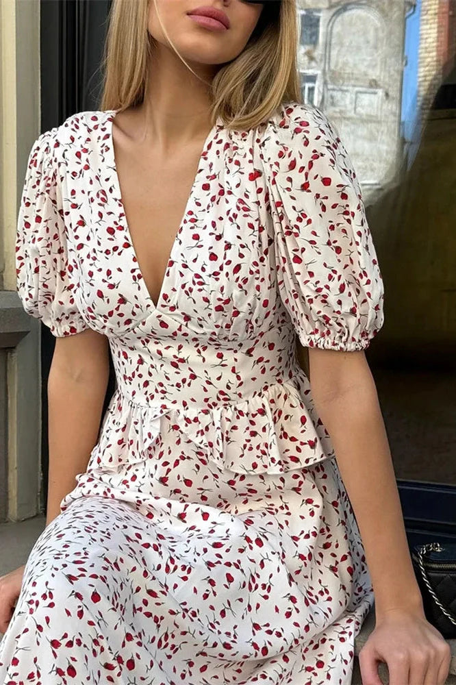 Printed V-Neck Patchwork Slim Maxi Dress